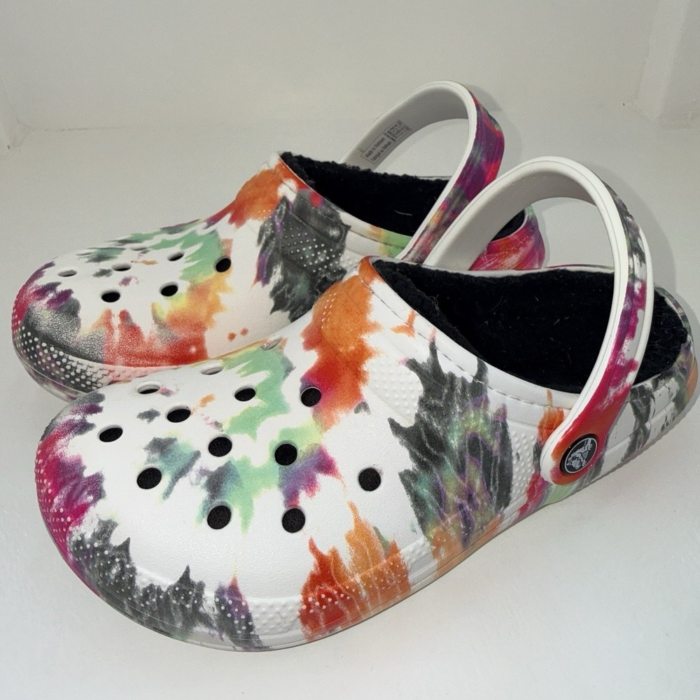 Crocs Classic Lined Tie Dye Clogs White Multicolor Men's 4 Women's 6 Cozy Fleece